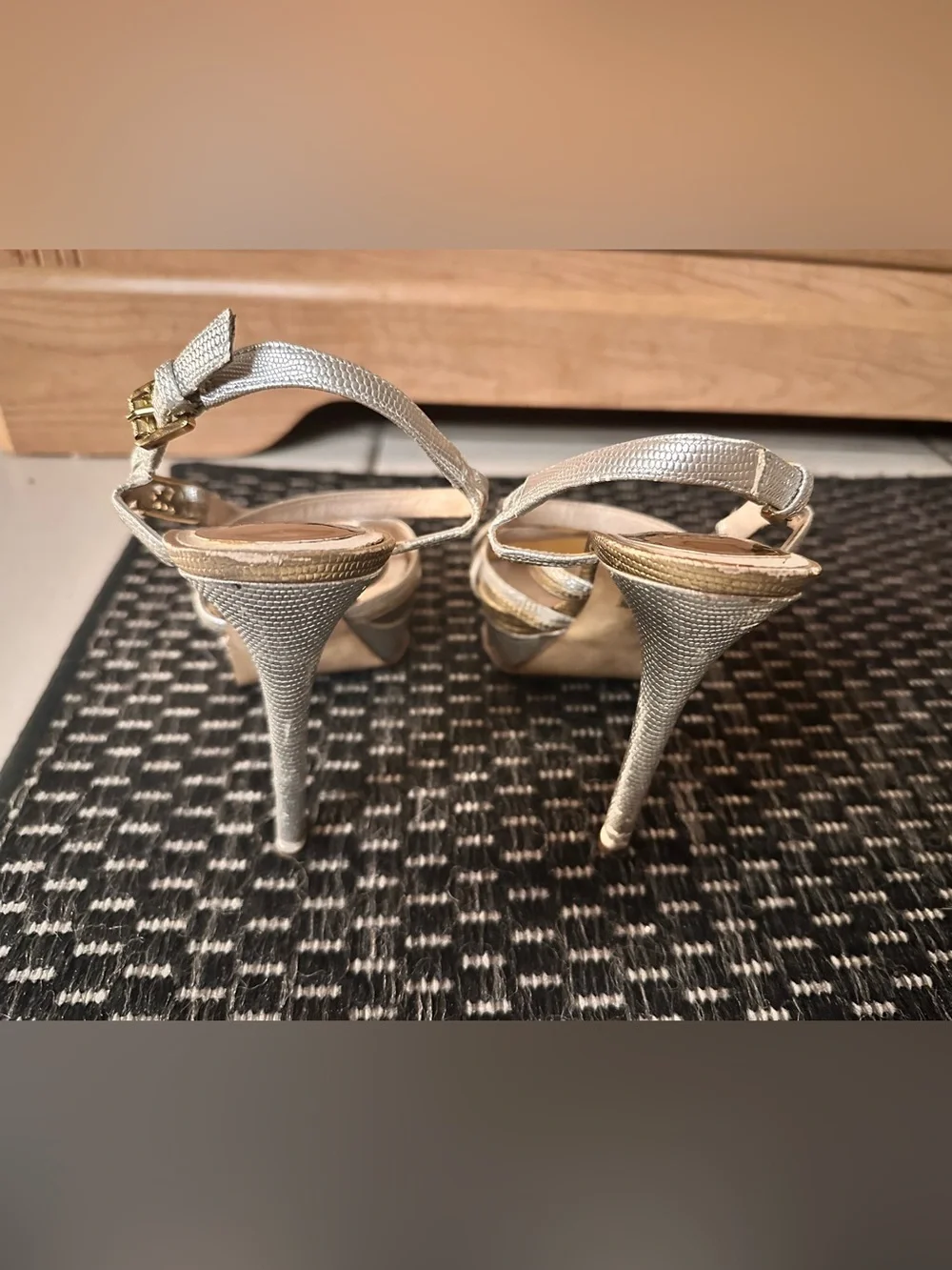 Michael Kors “Cicely” Silver & Gold Leather Strappy Platform Stiletto Heels